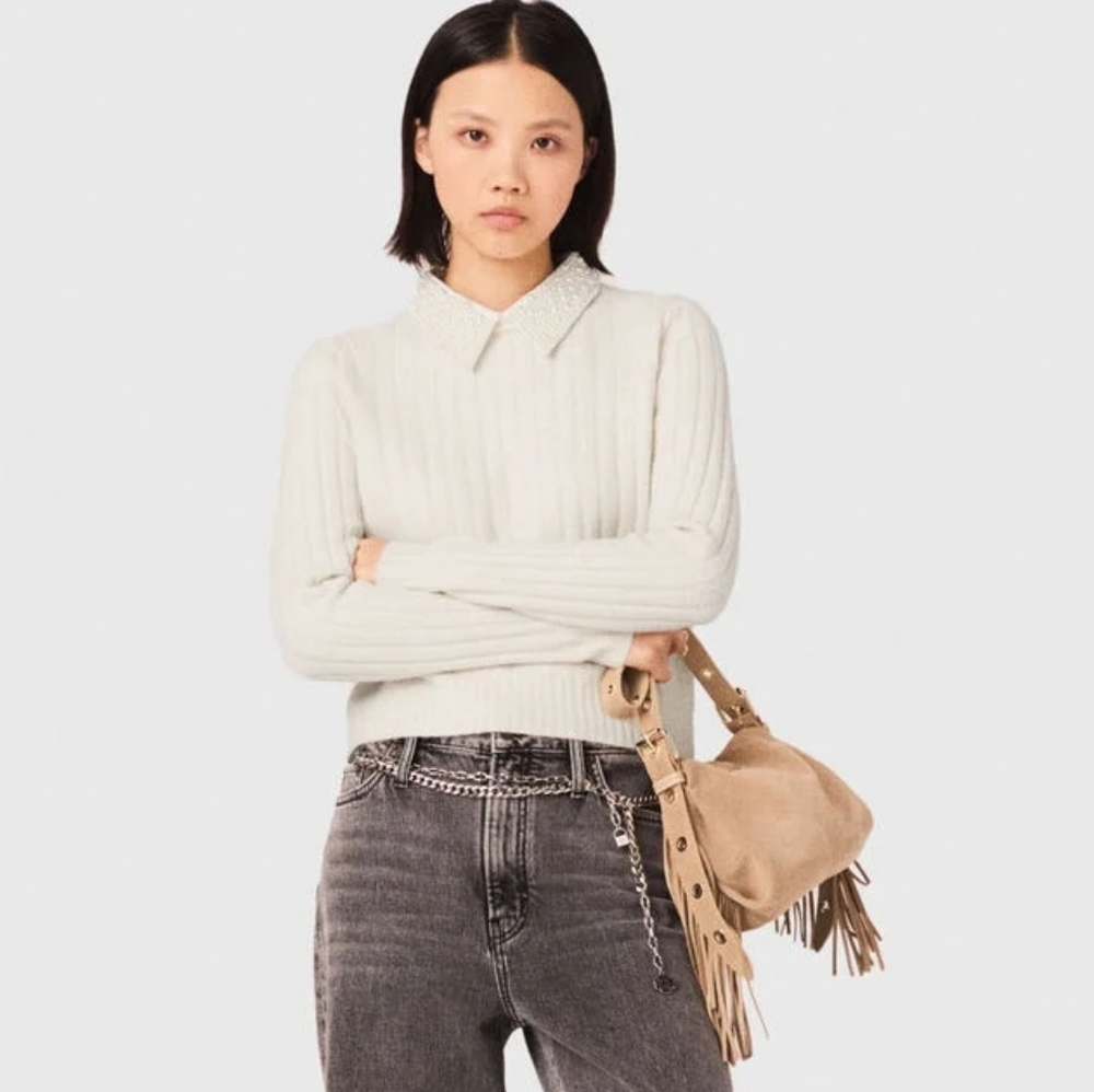 Maje Pearl Collar Ribbed Sweater